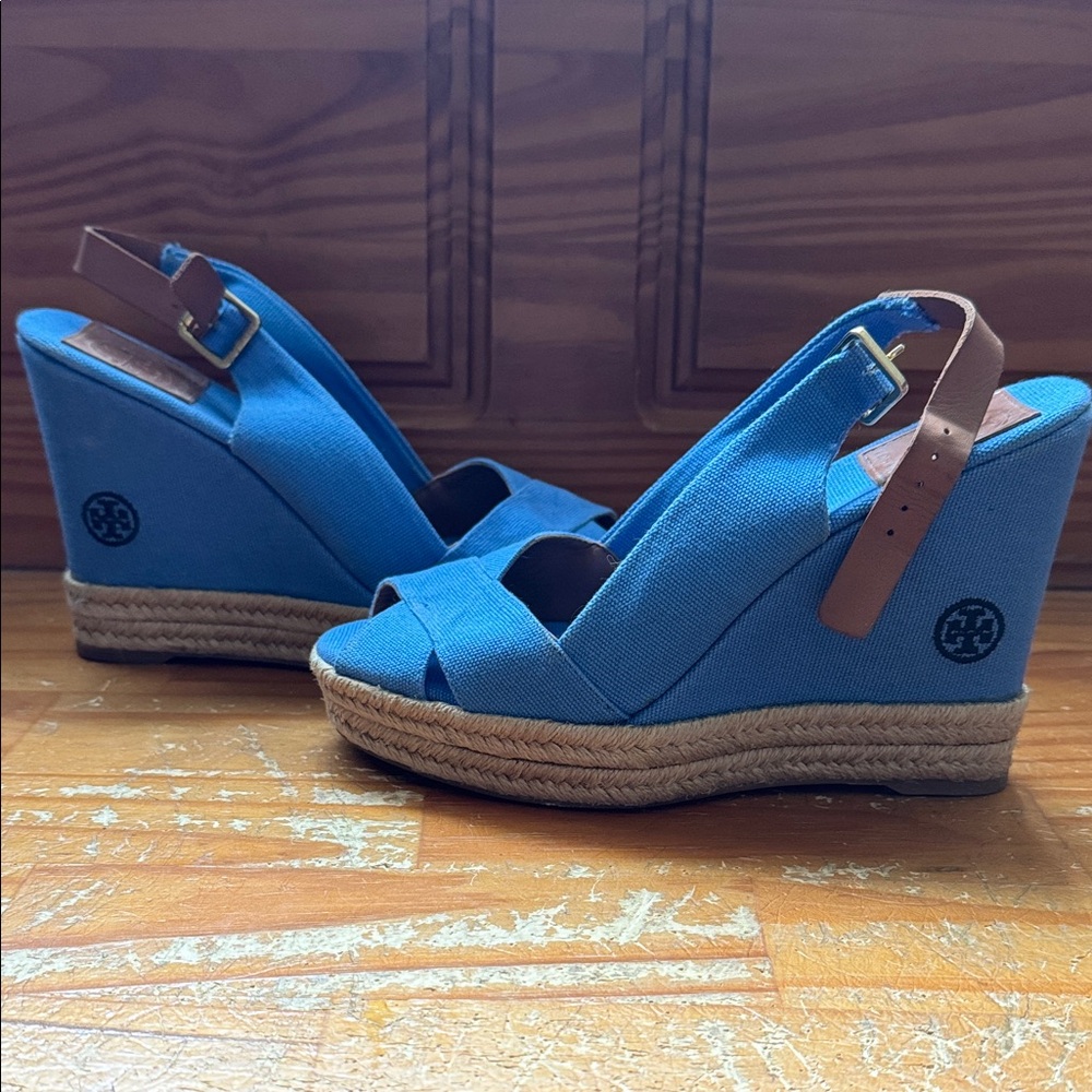 Tory Burch Blue and Tan Espadrille Wedges